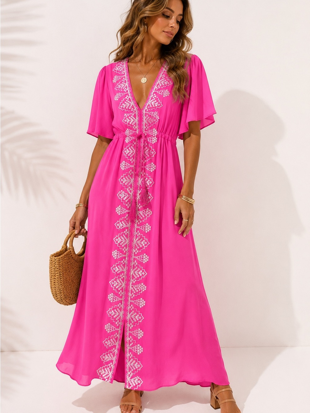 One One Six Hot Pink White Embroidery Flutter Sleeve Boho Maxi Dress Small Beach